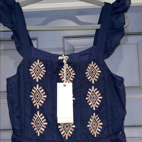 Miss Me Navy Boho Embroidered Ruffle Strap Mini Dress Women's Small Lined Rayon - Picture 2 of 6